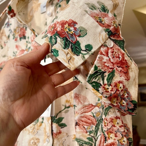 $1645 Erdem Ecru Multi Flared Cuff Fit & Flare Floral Linen Shirt Dress Size 12 - Picture 9 of 11